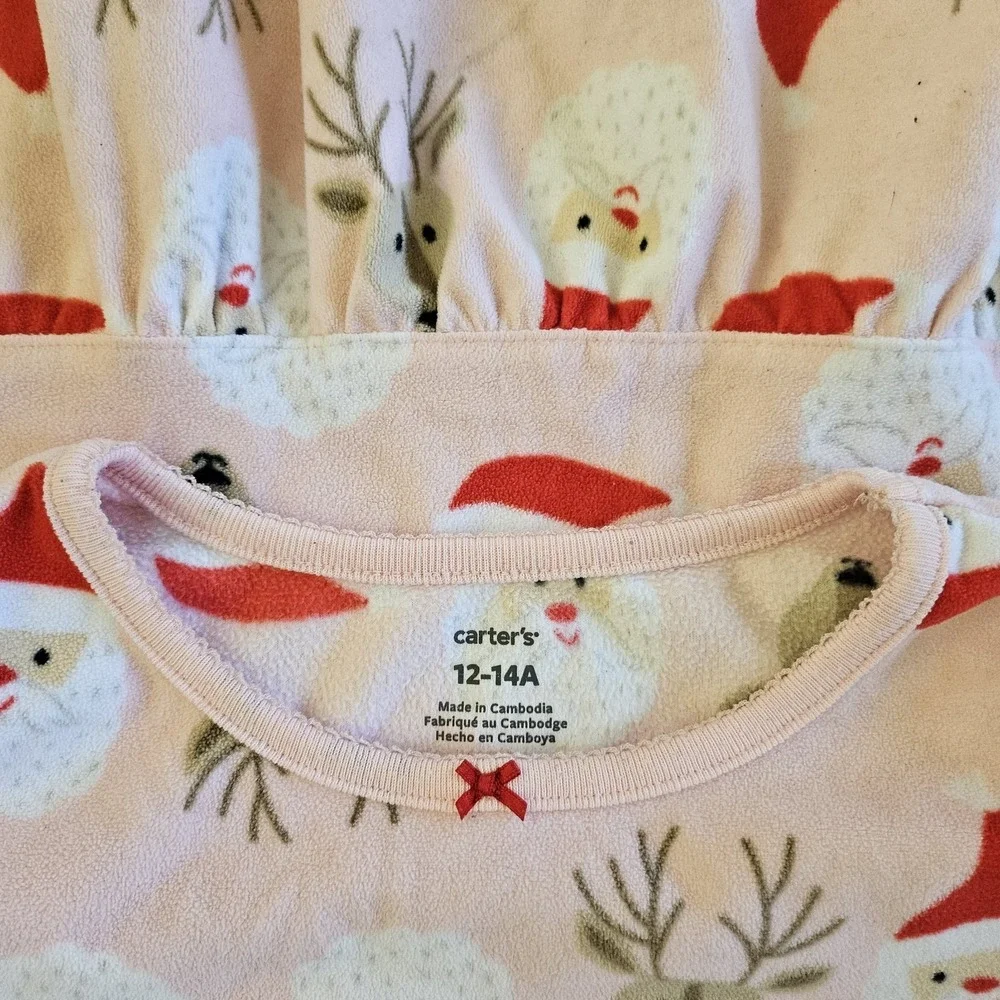 Carters Girls Pink Christmas Pajama Dress‎ Santa Rudolph Fleece Nightgown 12-14A